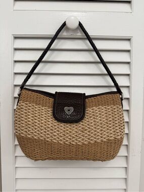 Brighton Vintage Woven Straw Leather Trim Shoulder Bag Silver Heart Accent